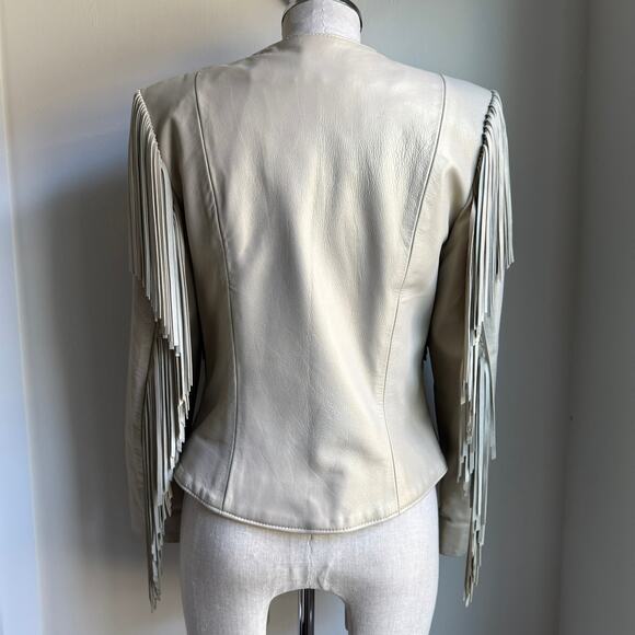 Patricia Wolf Pearlized Leather Fringe Jacket Beige Women’s 10 Made in Texas - Picture 6 of 13